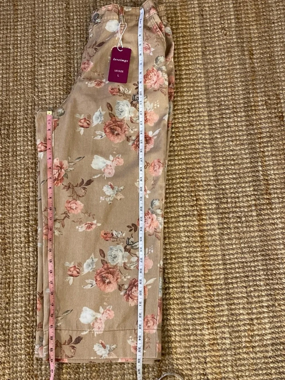 Loveimgs Floral Cropped Jeans in Tan and Pink Ankle-Length Wide Leg Size Large